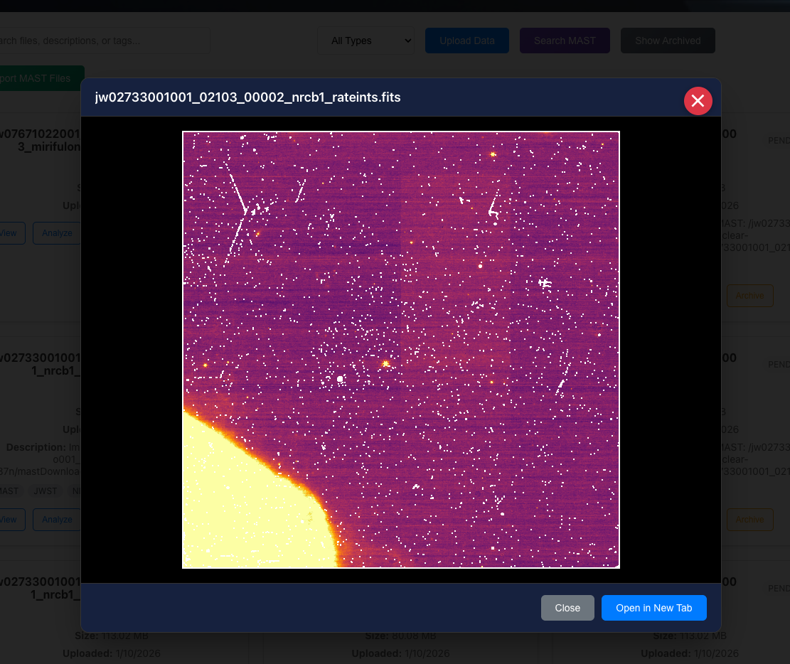FITS viewer displaying a JWST infrared image with color map applied