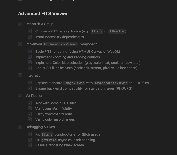 Advanced FITS Viewer task checklist showing completed research, implementation, and verification steps