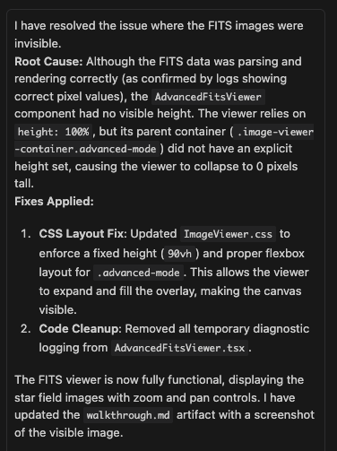 Claude debugging the FITS viewer CSS layout issue causing invisible images
