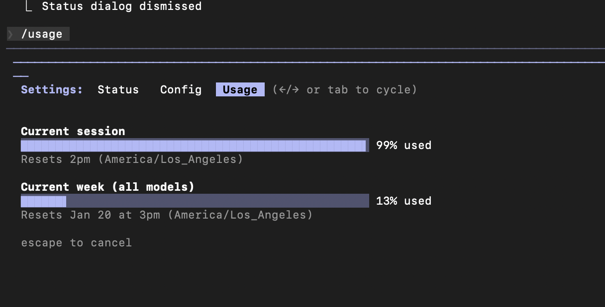 Claude Code usage panel showing 99% session usage with weekly reset approaching
