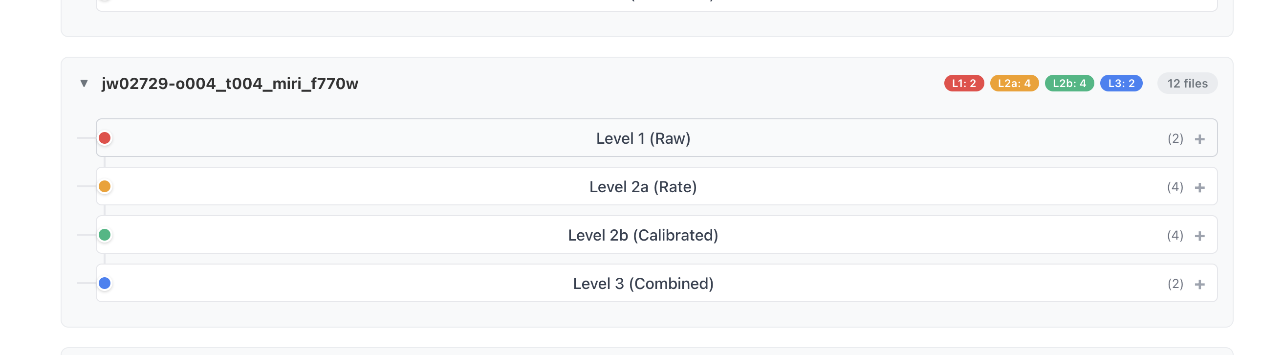 Lineage tree view in the app showing JWST processing levels L1 through L3 with color-coded badges