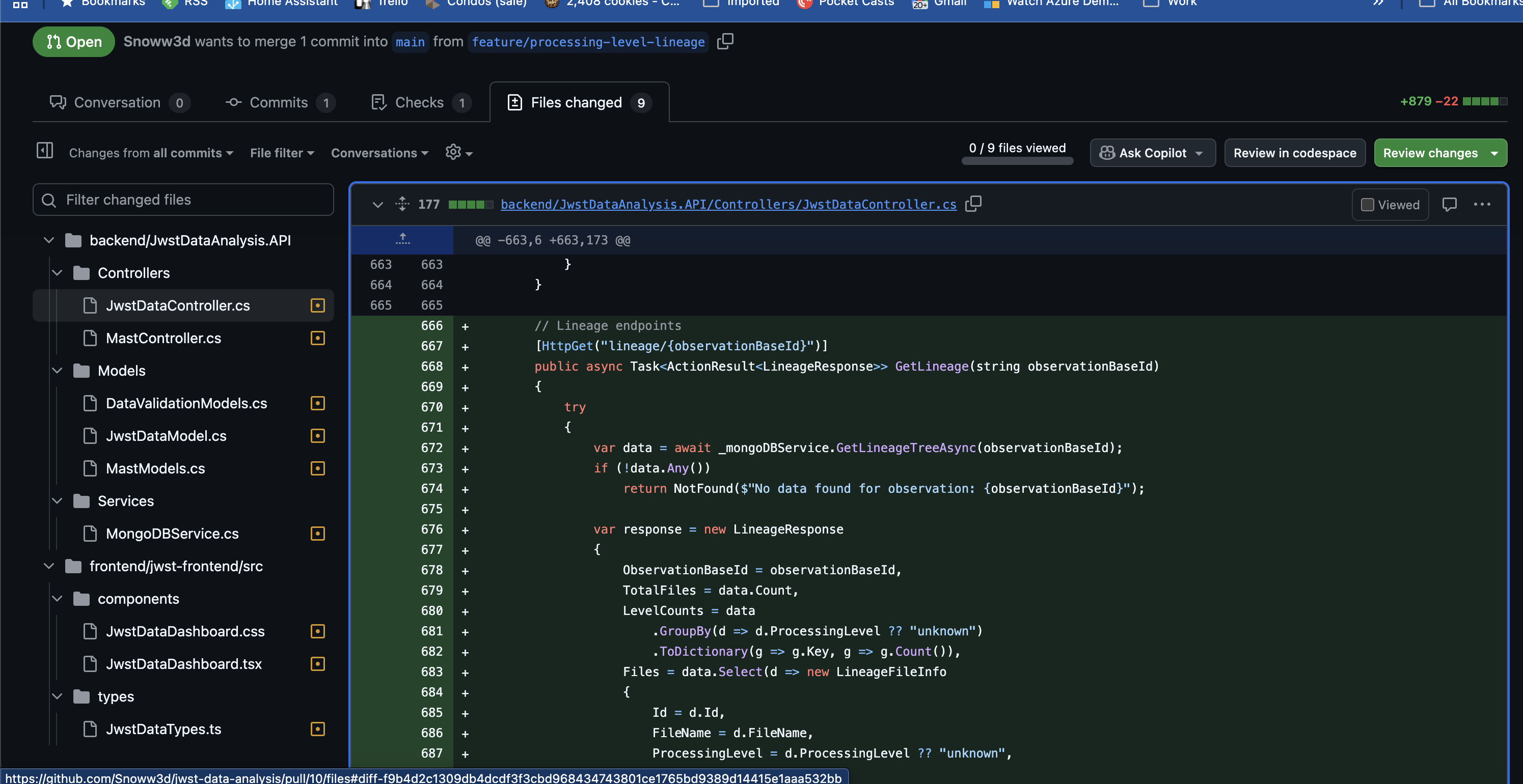 GitHub pull request diff for the processing level lineage feature
