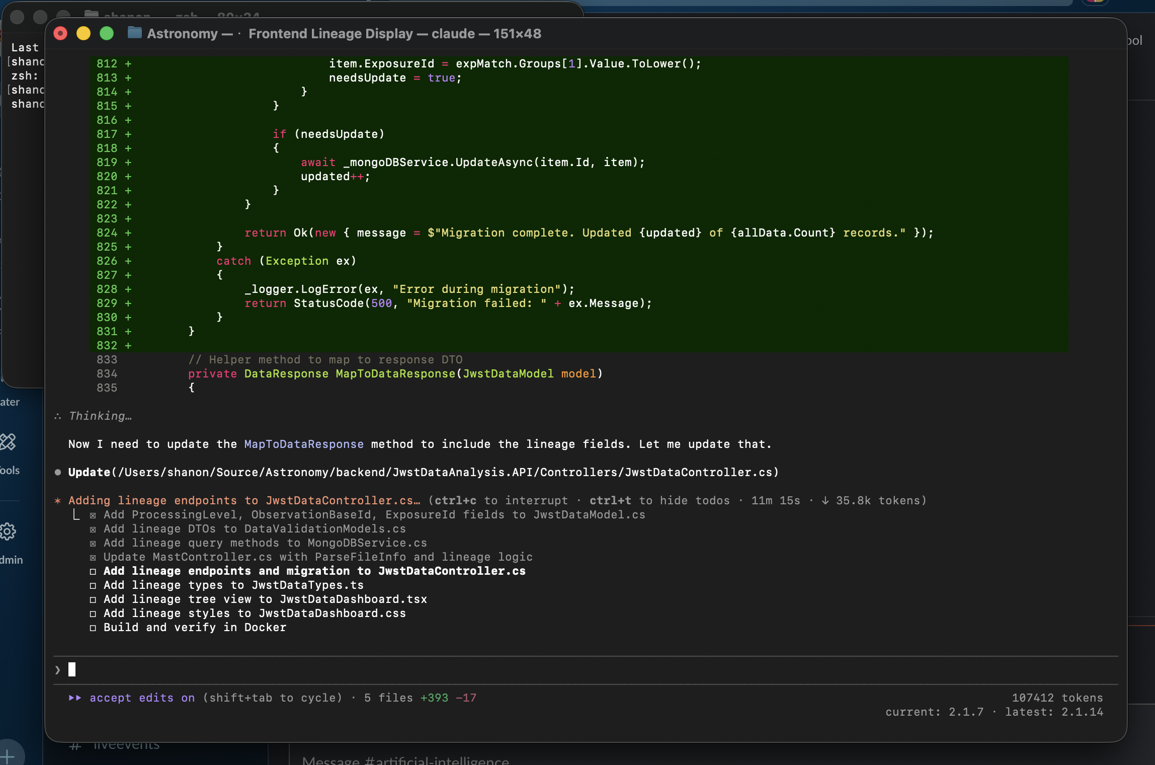 Claude Code terminal showing lineage feature implementation with code changes and plan