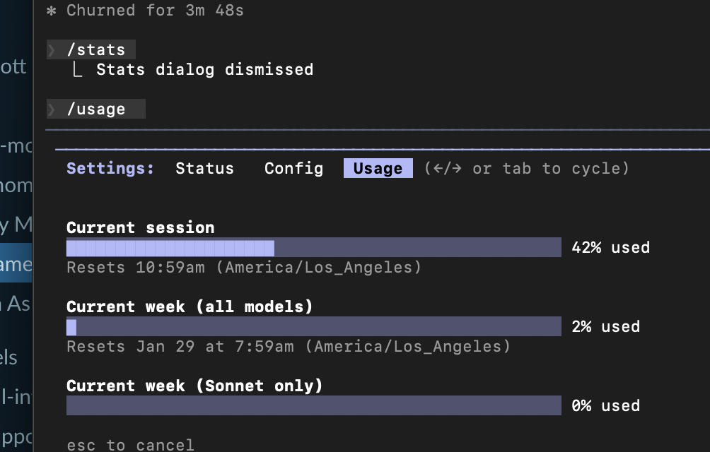 Claude Code usage panel showing 42% session usage after churning for 3 minutes