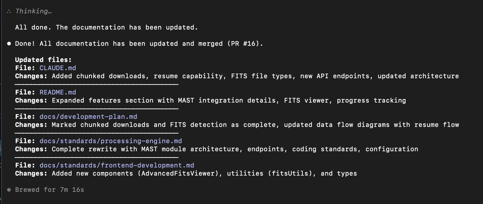Claude terminal showing documentation auto-update across multiple files after PR merge