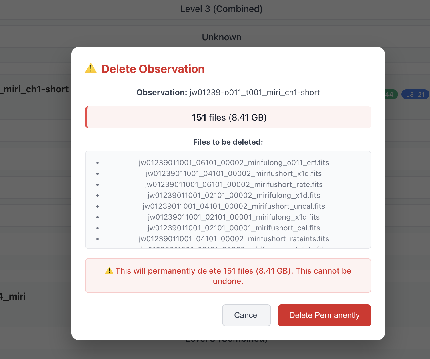 Delete observation confirmation dialog showing 151 files at 8.41 GB to permanently remove