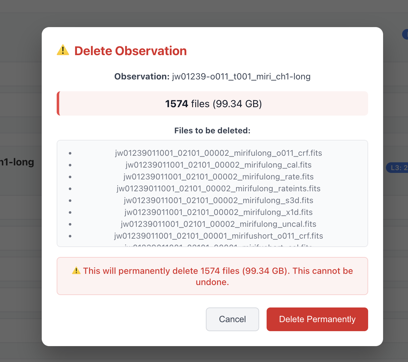 Delete observation confirmation dialog showing 1574 files at 99.34 GB to permanently remove