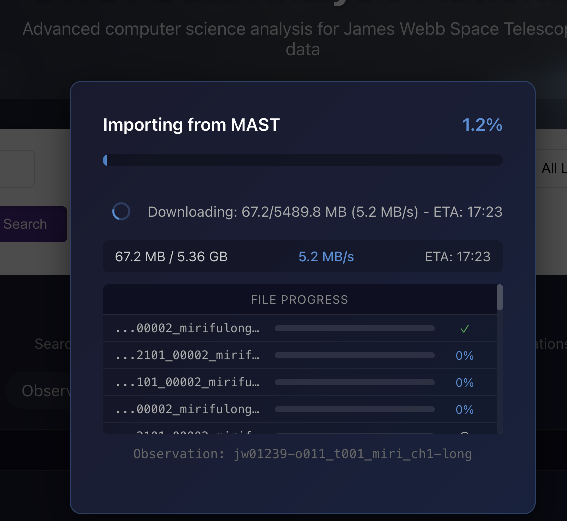 MAST import dialog showing early download progress at 1.2% with file list