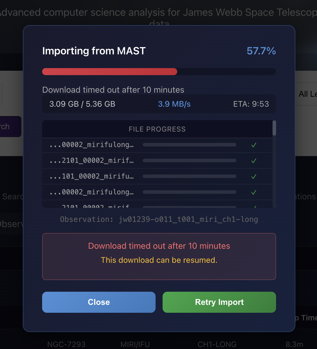 MAST import dialog showing download timed out at 57.7% after 10 minutes with resume option