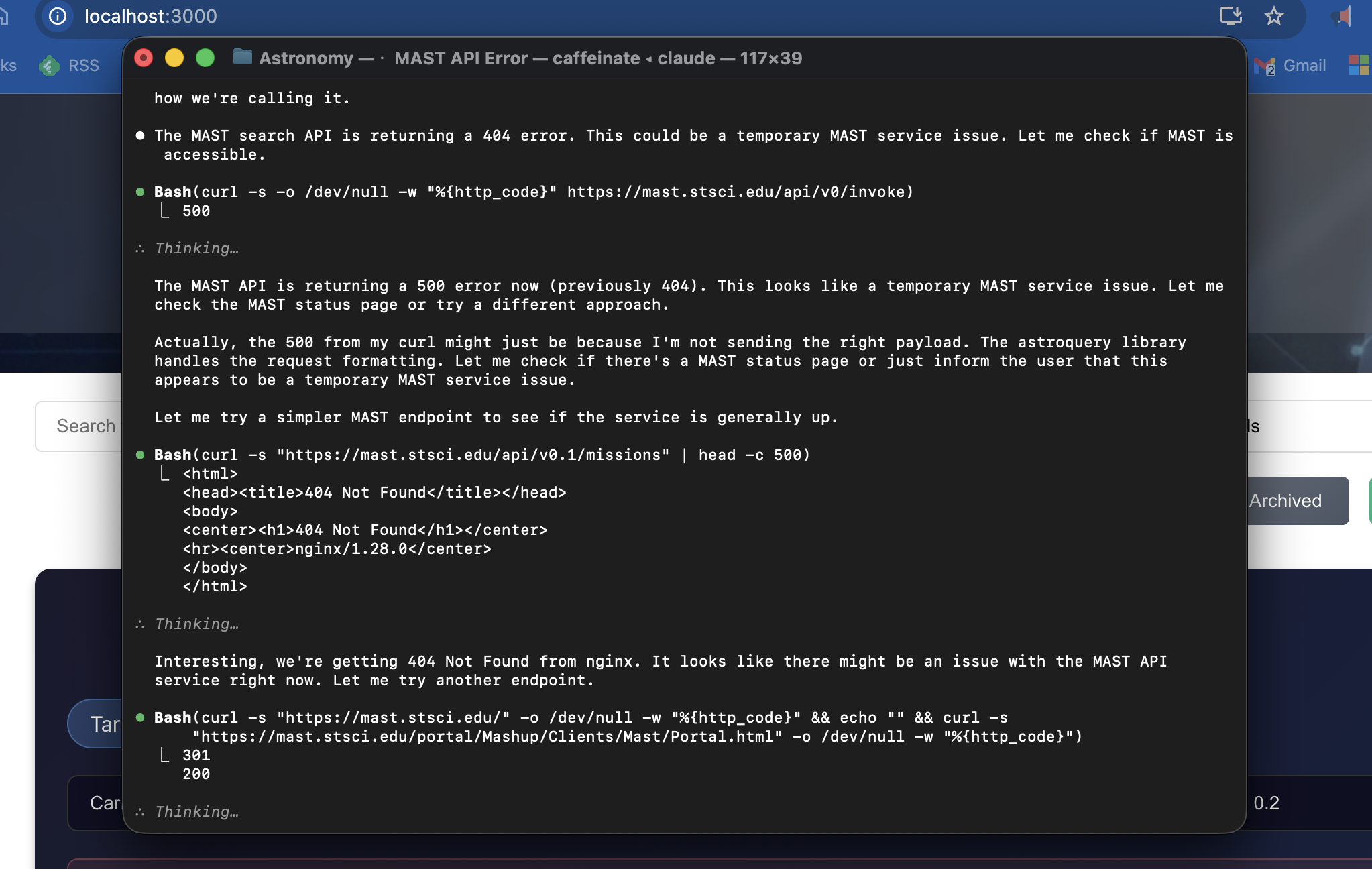 Claude debugging a MAST API 404 error by testing alternative endpoints