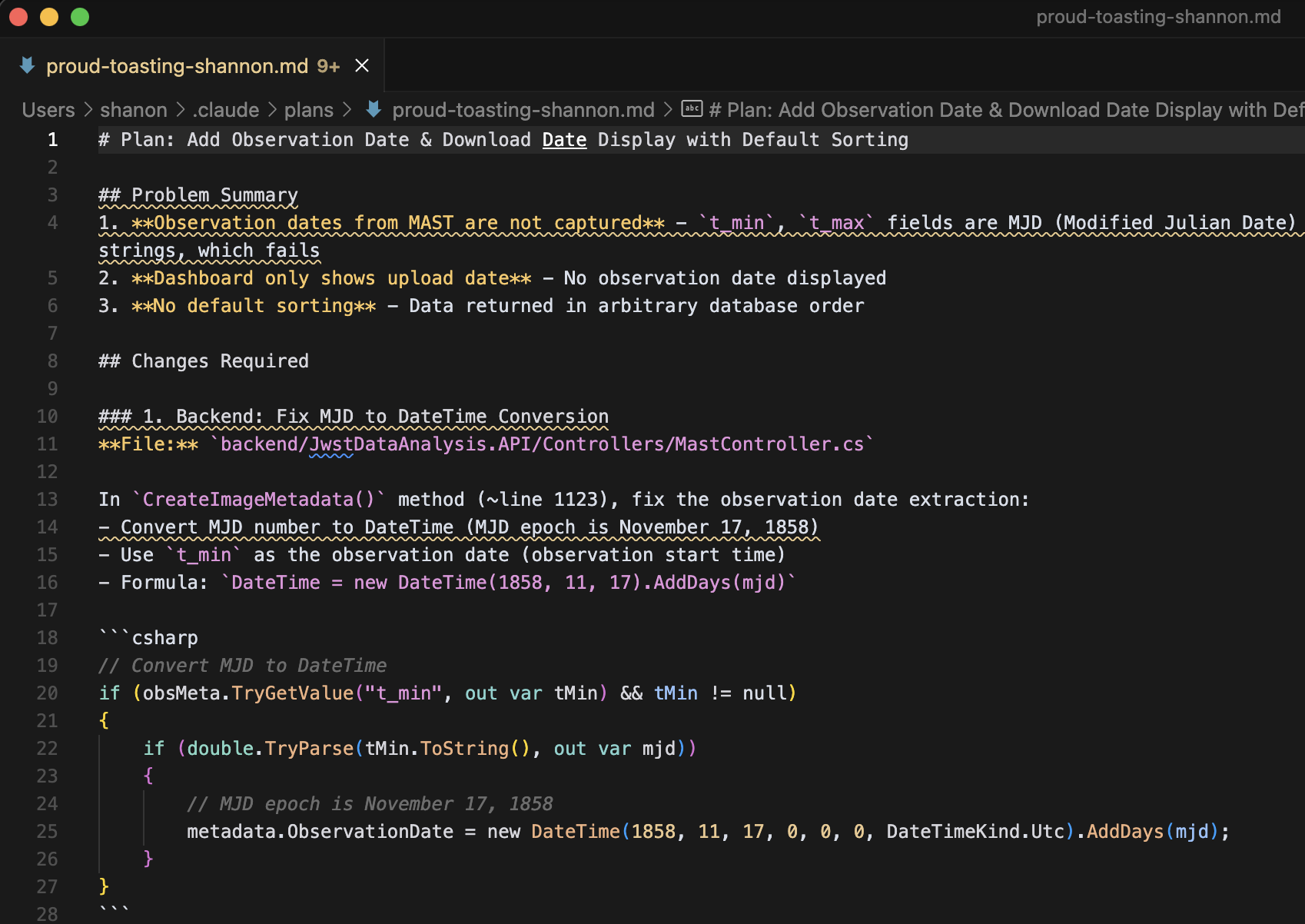 Claude Code plan "proud-toasting-shannon" showing MJD to DateTime conversion implementation