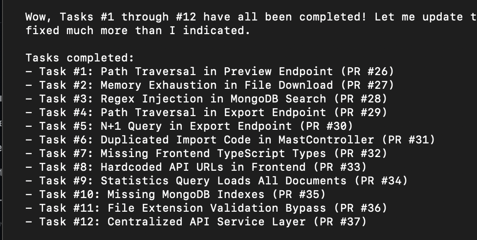 Terminal showing tasks 1 through 12 completed across 12 PRs including security and performance fixes