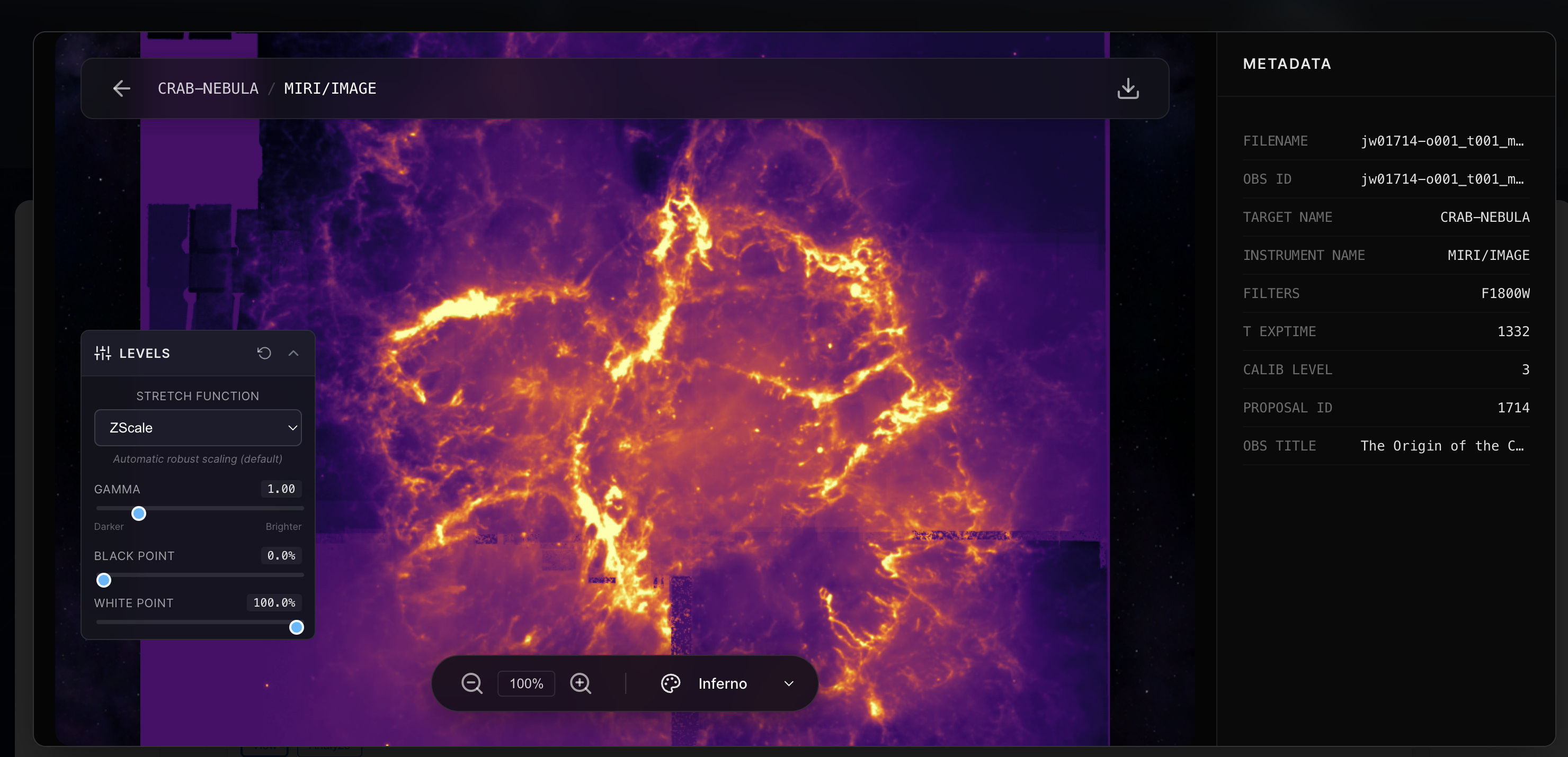 FITS viewer showing Crab Nebula MIRI image with ZScale stretch, Inferno colormap, and metadata panel