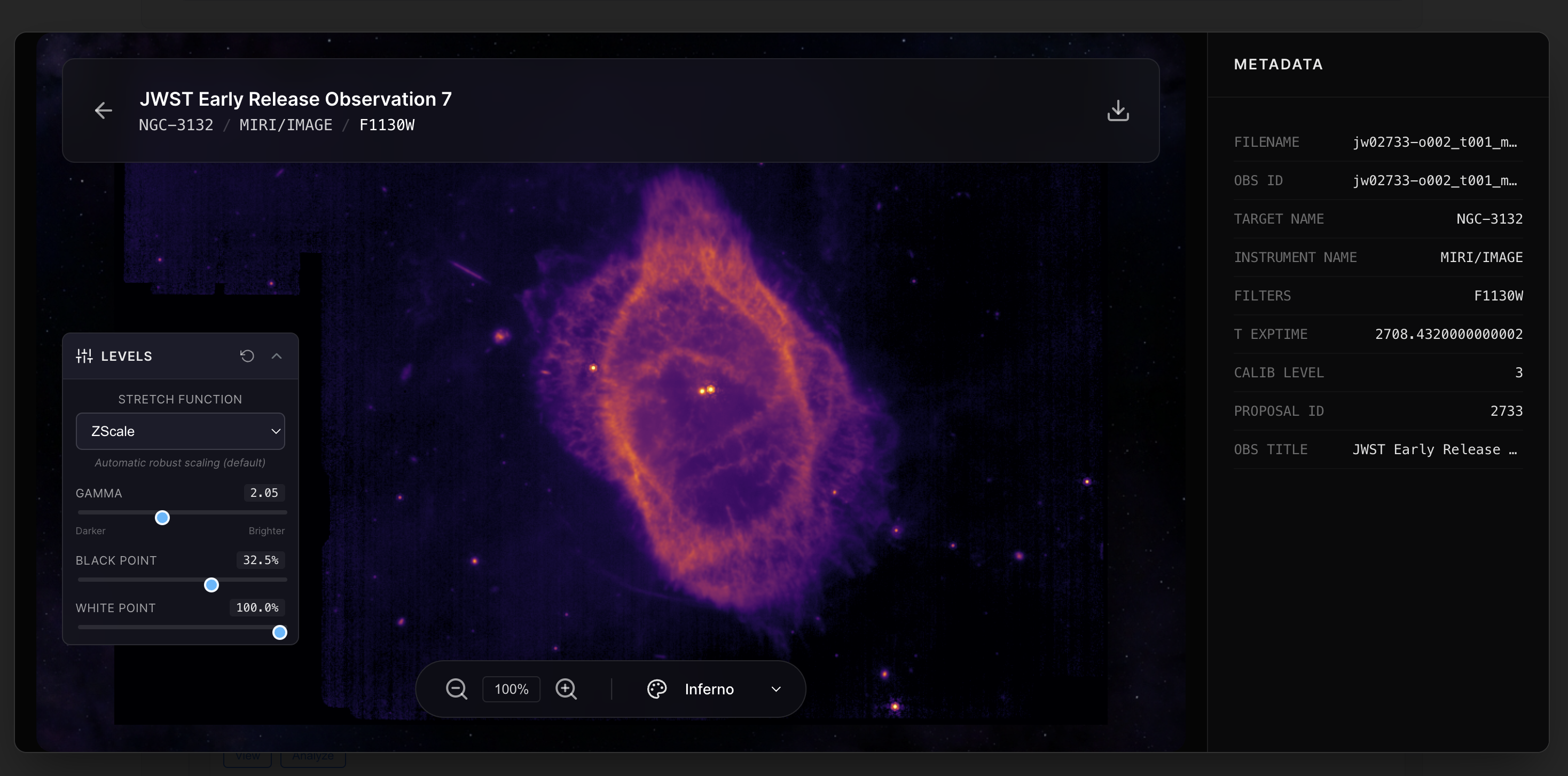 FITS viewer showing NGC-3132 Southern Ring Nebula with ZScale stretch, Inferno colormap, and metadata panel