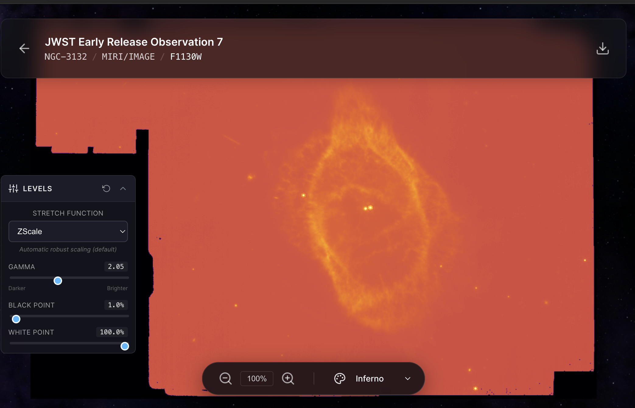 FITS viewer showing NGC-3132 with high gamma setting demonstrating stretch control adjustments