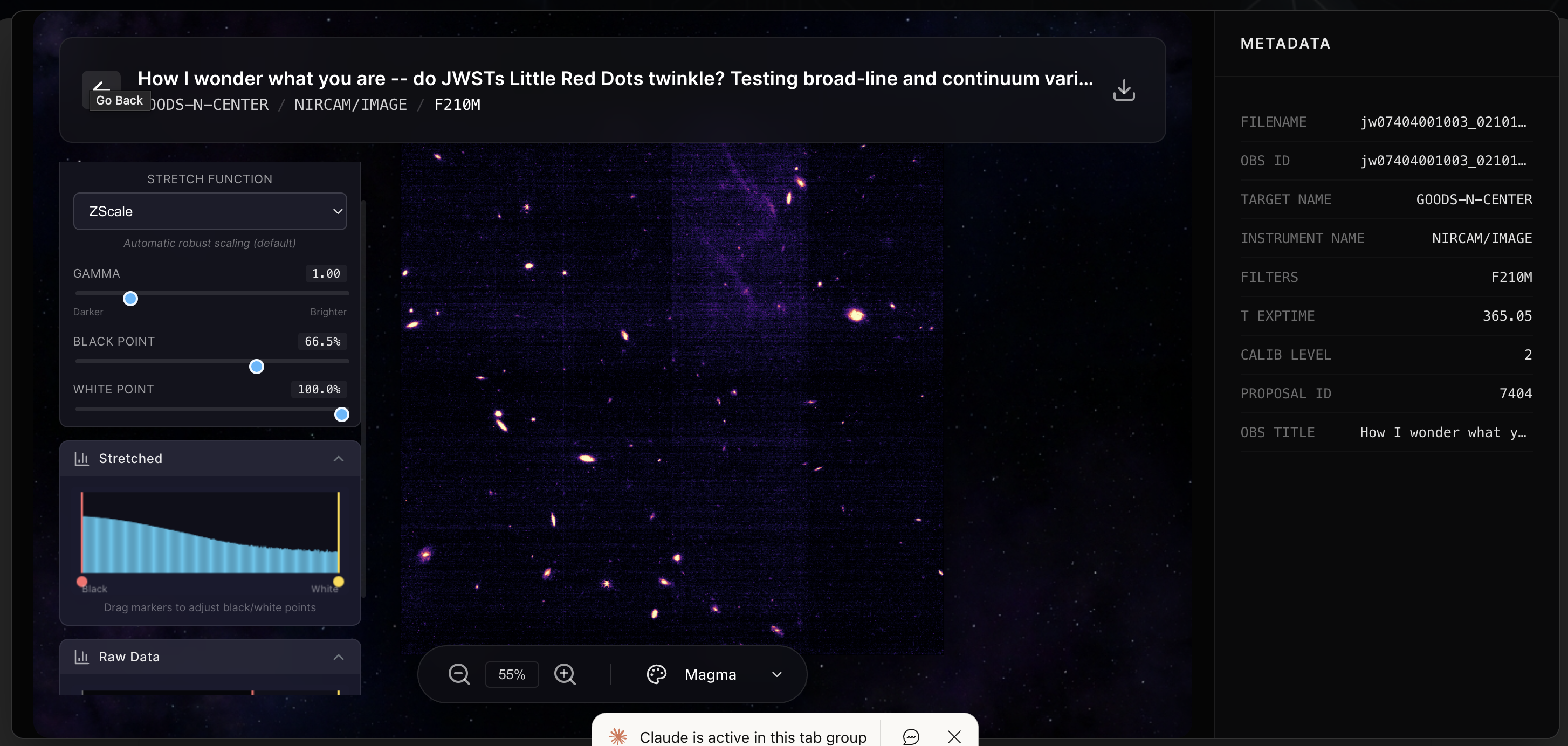 FITS viewer showing GOODS-N-CENTER deep field with NIRCAM F210M filter, Magma colormap, and histogram panel