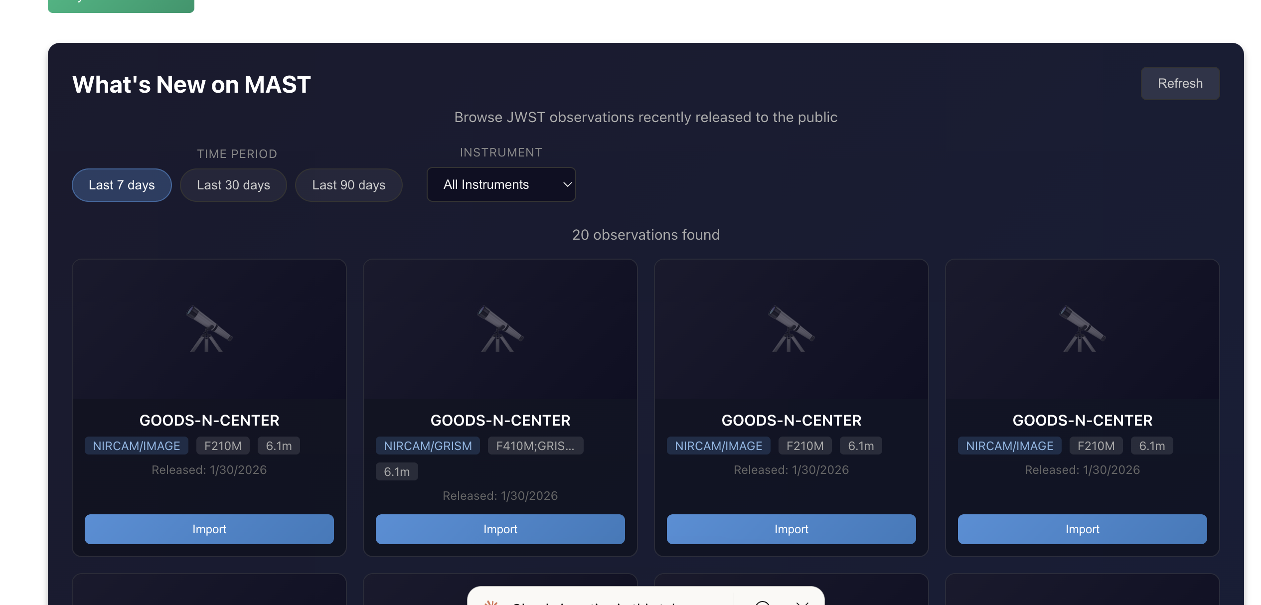 What's New on MAST panel showing 20 GOODS-N-CENTER observations with import buttons