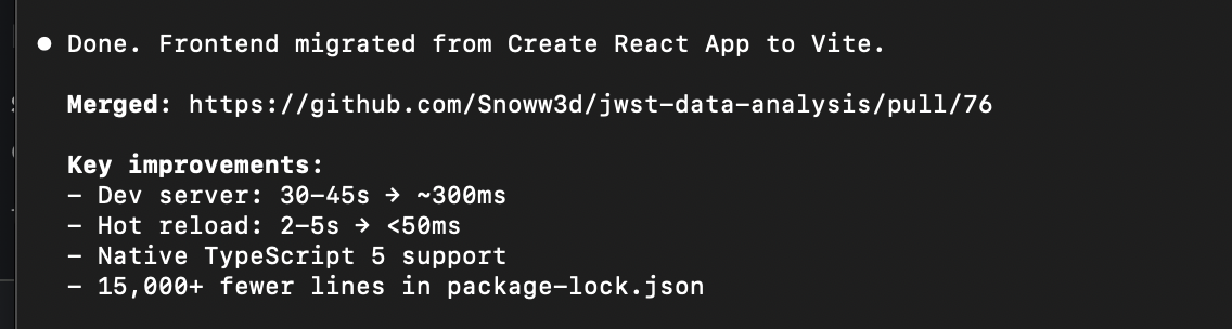 Claude terminal showing successful Create React App to Vite migration with performance improvements