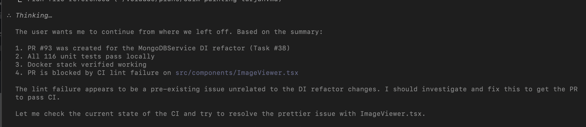 Claude thinking through a CI lint failure on ImageViewer.tsx during the DI refactor PR