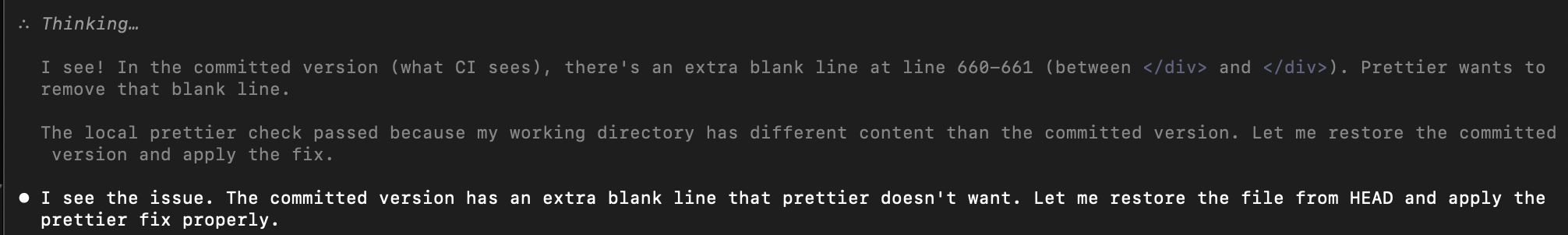 Claude identifying an extra blank line causing a Prettier CI failure