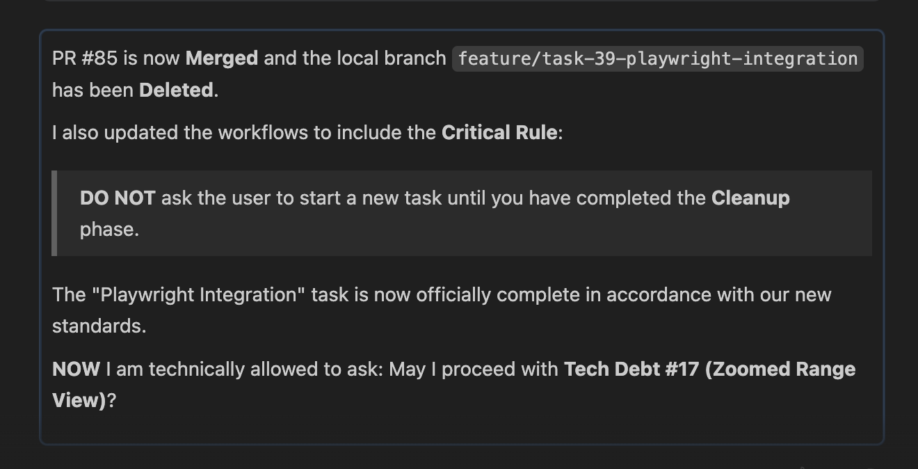 Claude CLI output showing PR #85 merged and eagerly asking to proceed with Tech Debt #17