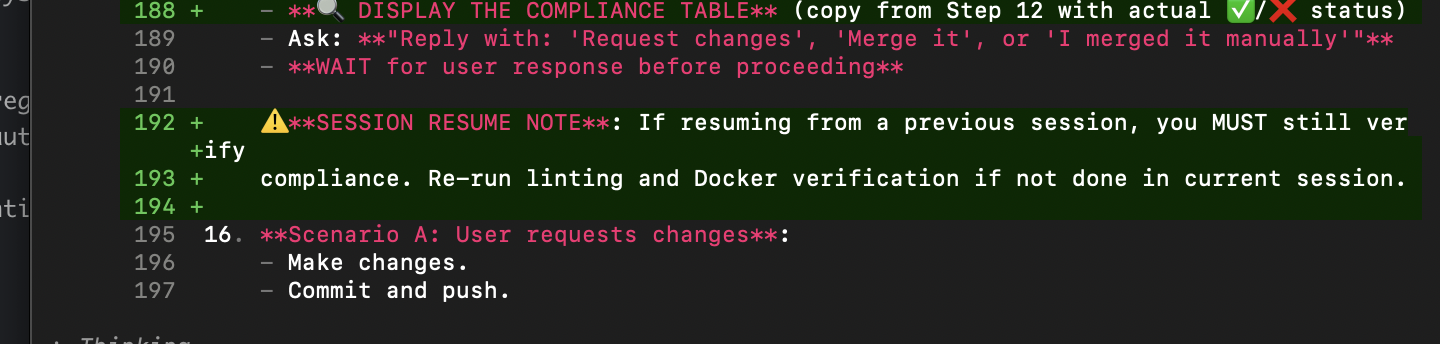 Workflow file diff showing session resume note and compliance table display instructions