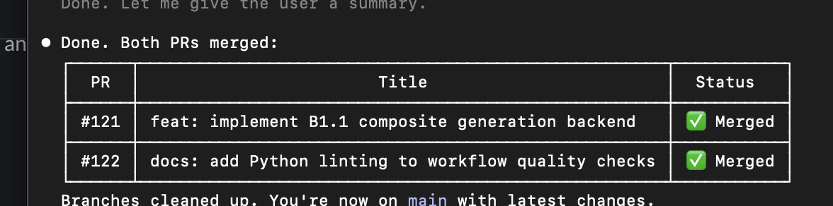 Claude CLI showing both PRs #121 and #122 merged successfully with branches cleaned up