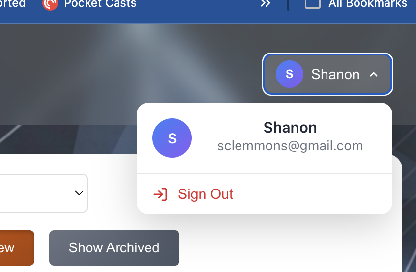 Application UI showing user menu dropdown with avatar, email, and sign out option
