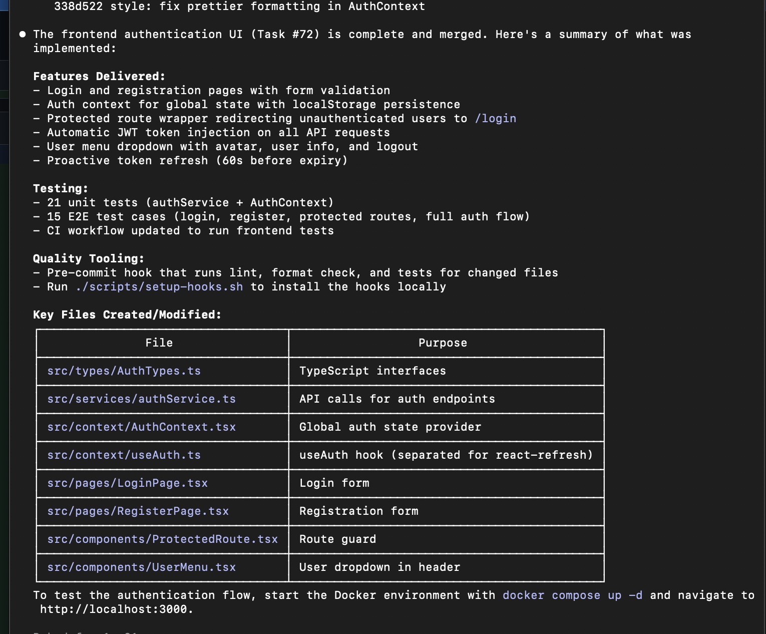 Claude CLI summary of frontend authentication UI implementation with 21 unit tests and key files list