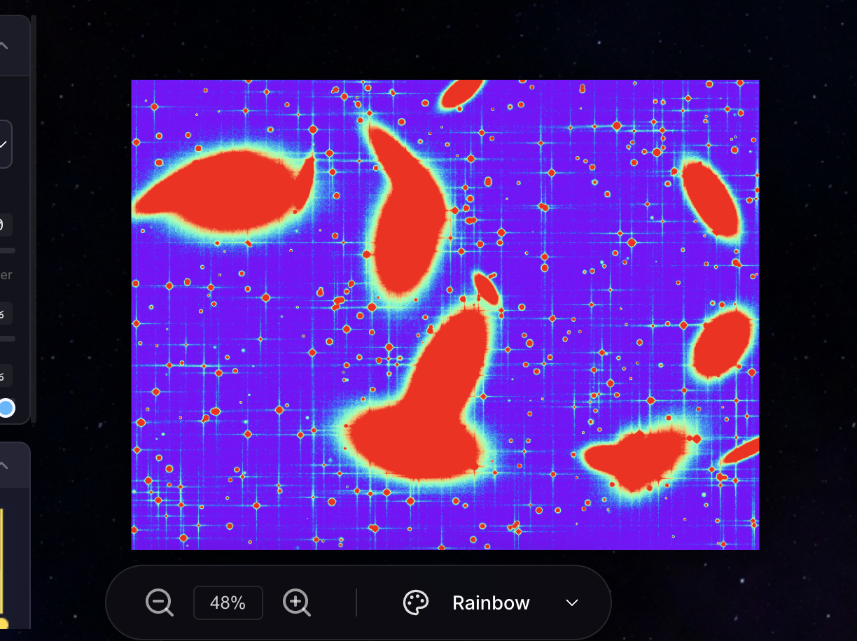 FITS viewer showing a JWST observation in Rainbow colormap with zoom controls