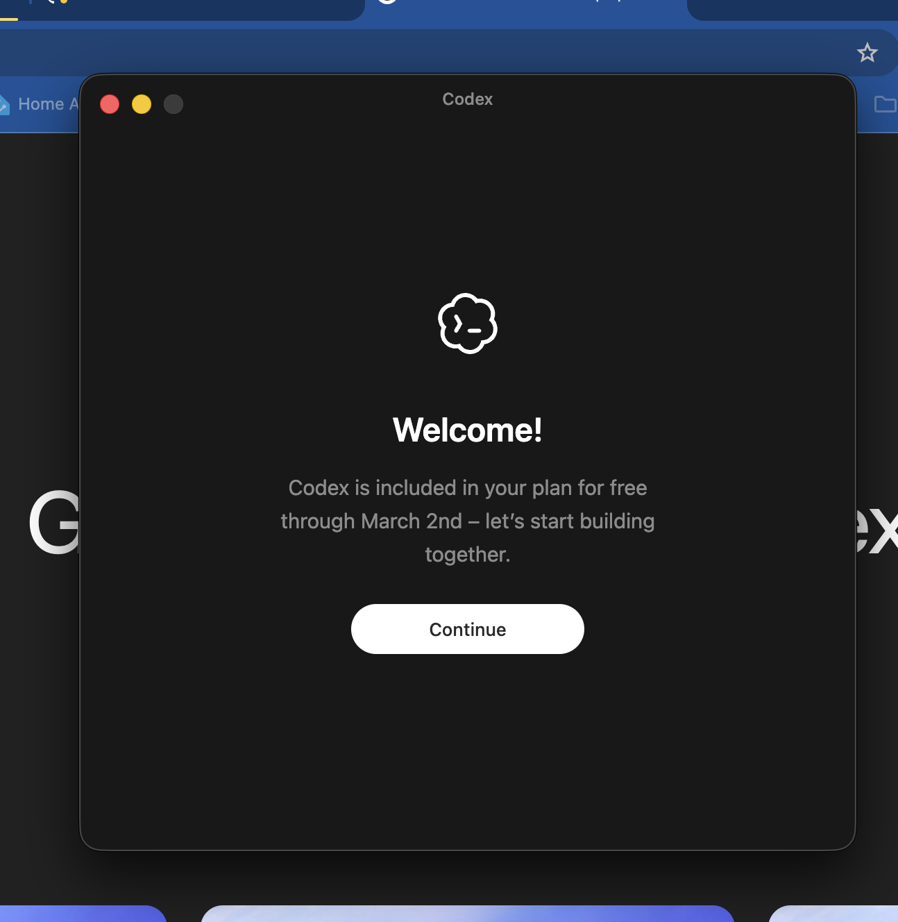 Codex welcome screen showing free access through March 2nd