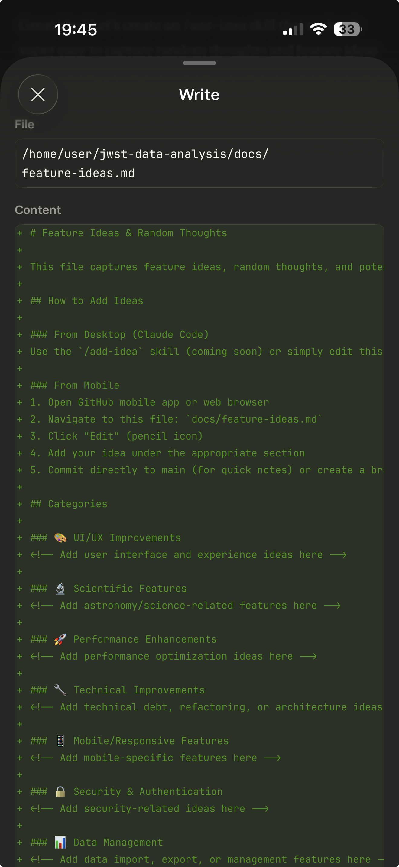 Claude mobile app writing a feature-ideas.md file to the repo from a phone