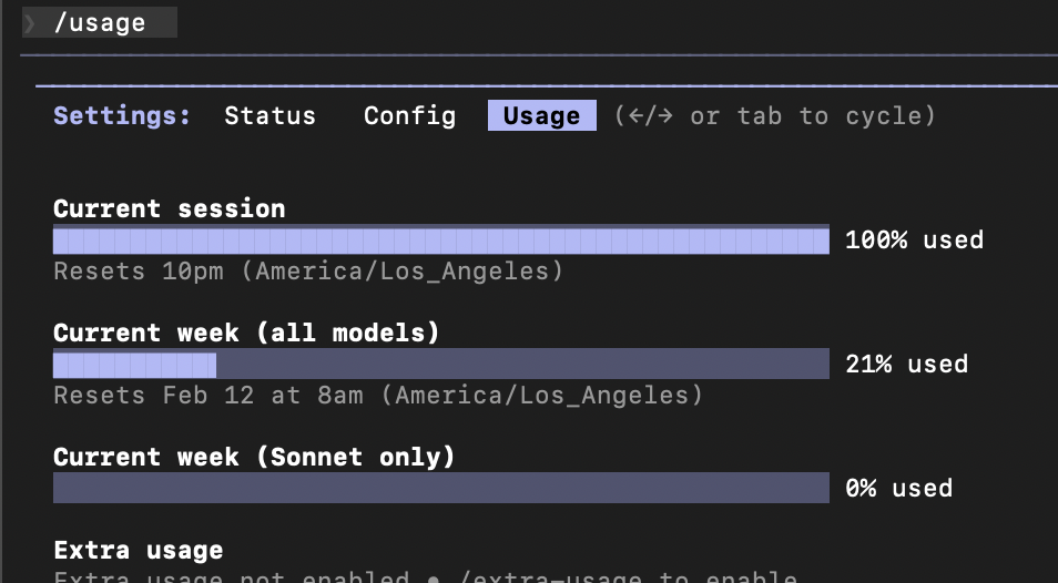 Claude CLI usage panel showing 100% session usage and 21% weekly usage