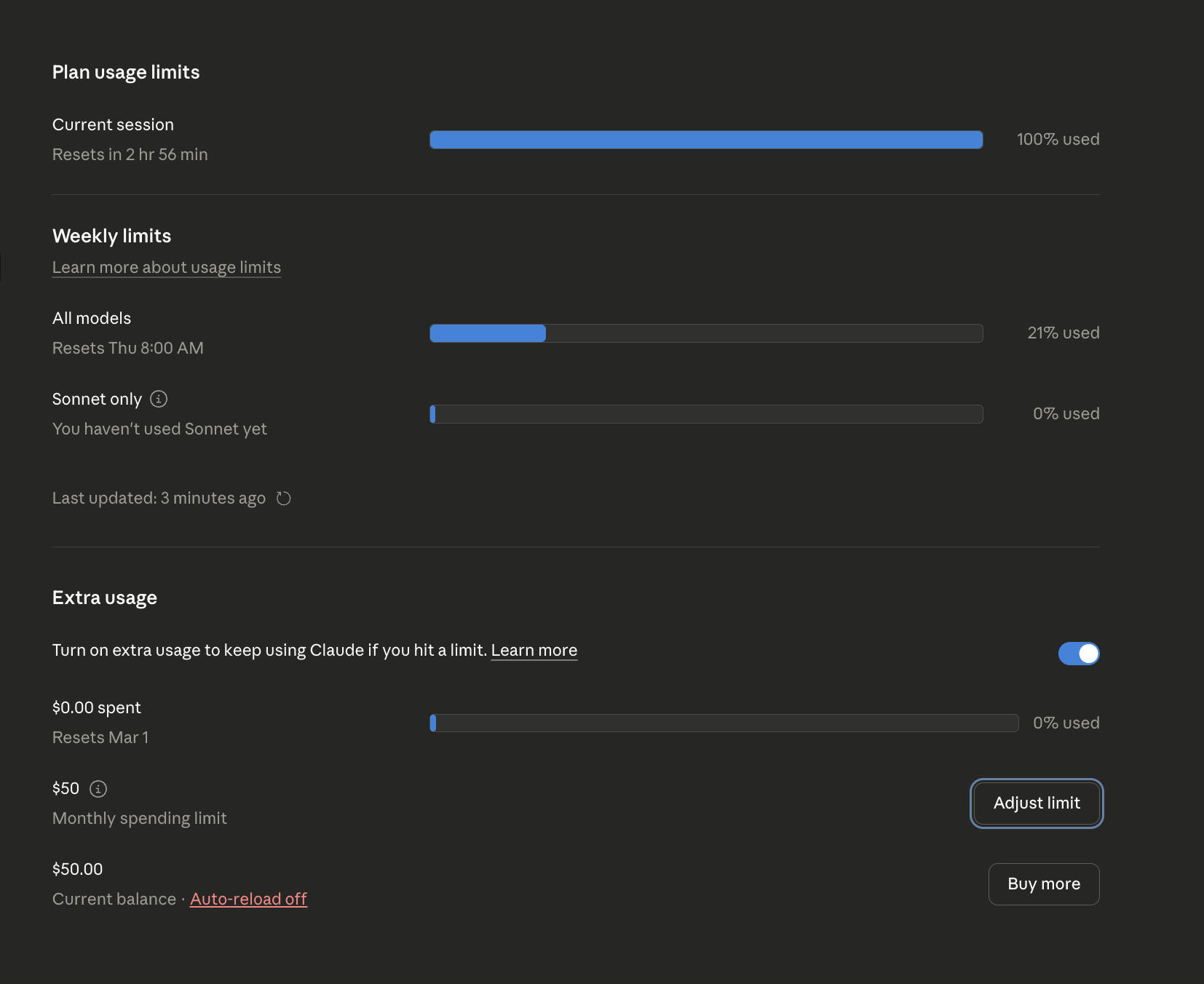 Claude web app usage settings showing 100% session limit hit with $50 extra usage balance