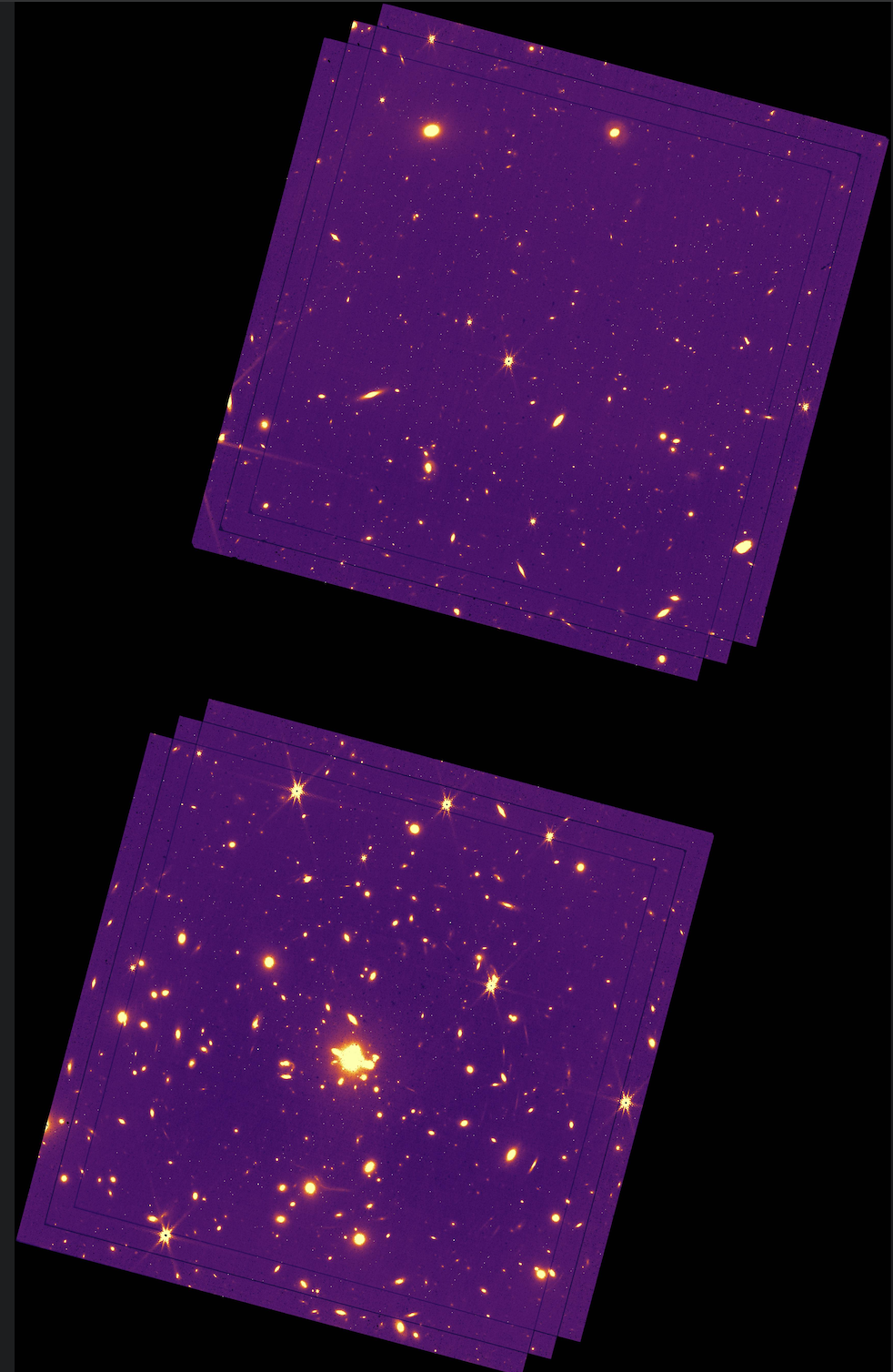 JWST mosaic of two overlapping fields showing deep-sky galaxies in infrared