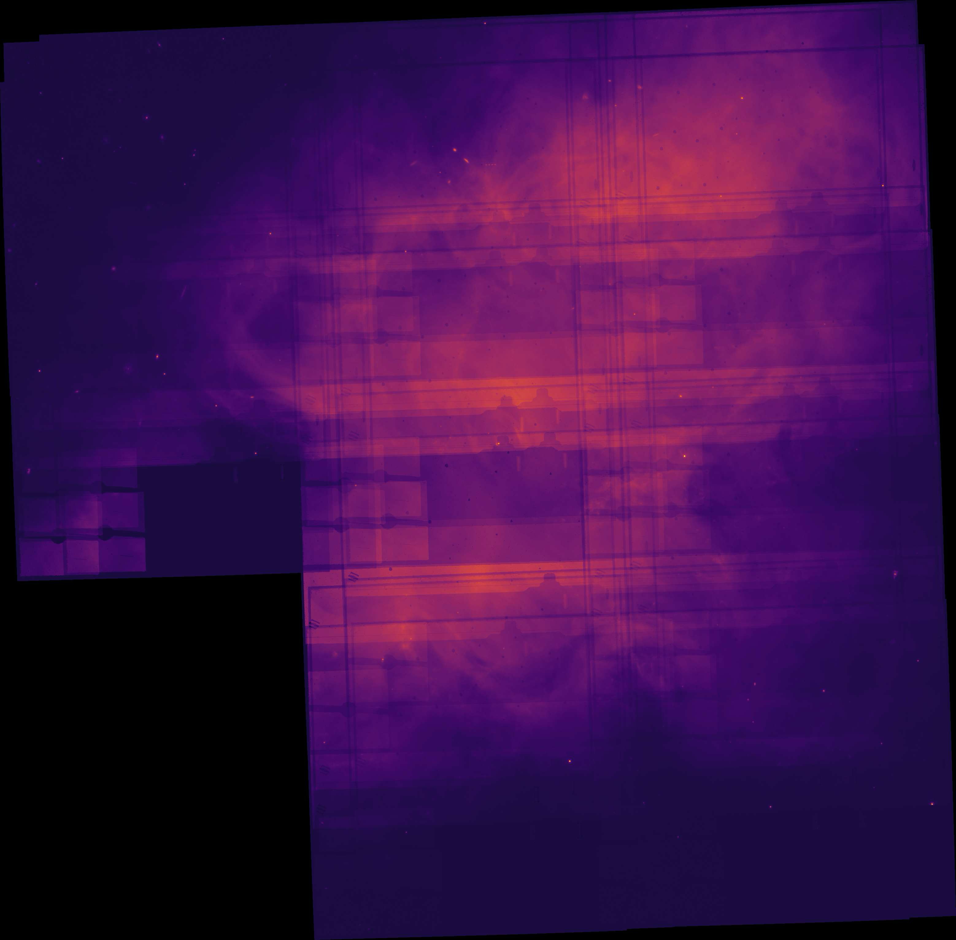 JWST mosaic combining approximately fifty images of a nebula region with visible tiling seams