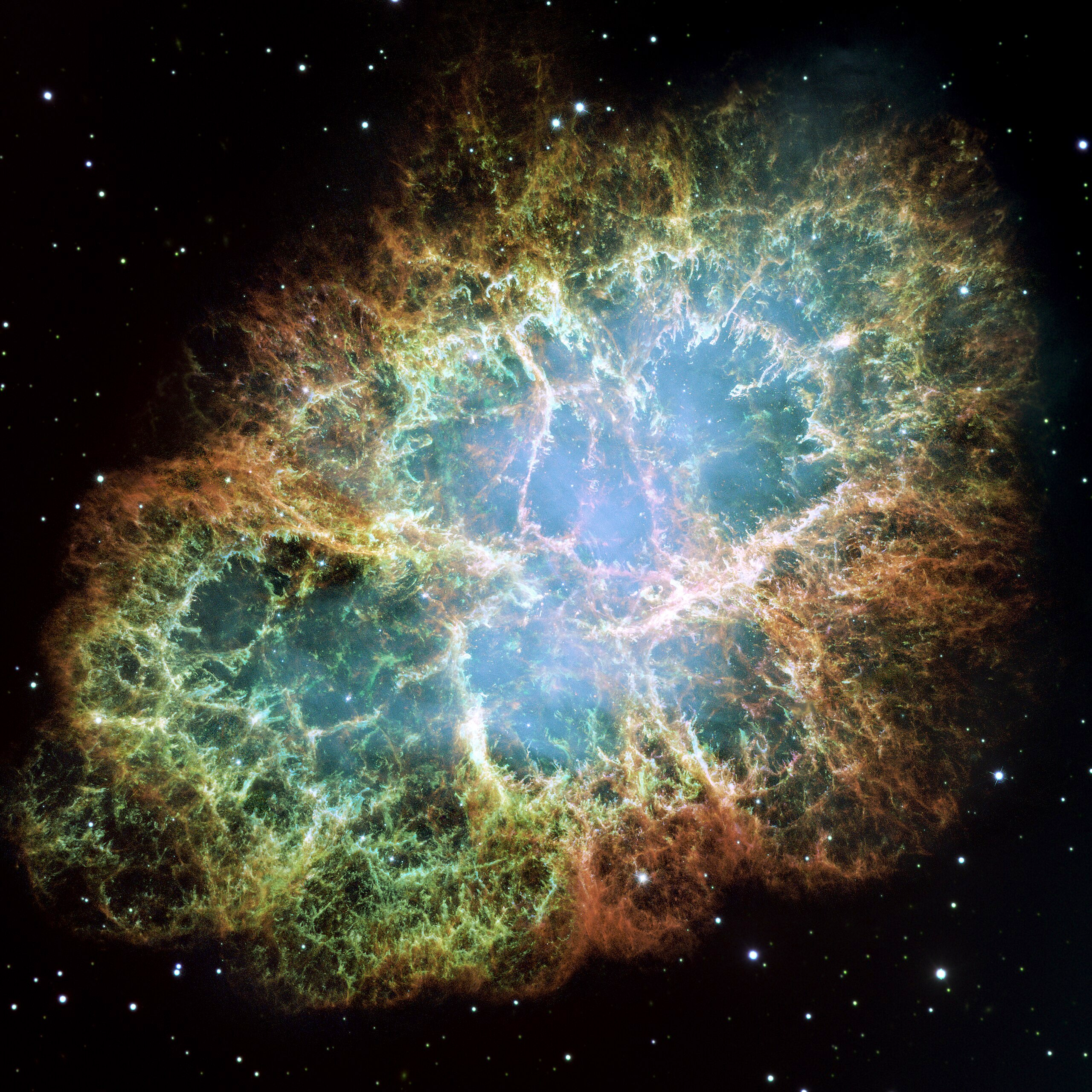 Crab Nebula reference image showing the multi-filter NASA-quality target for compositing
