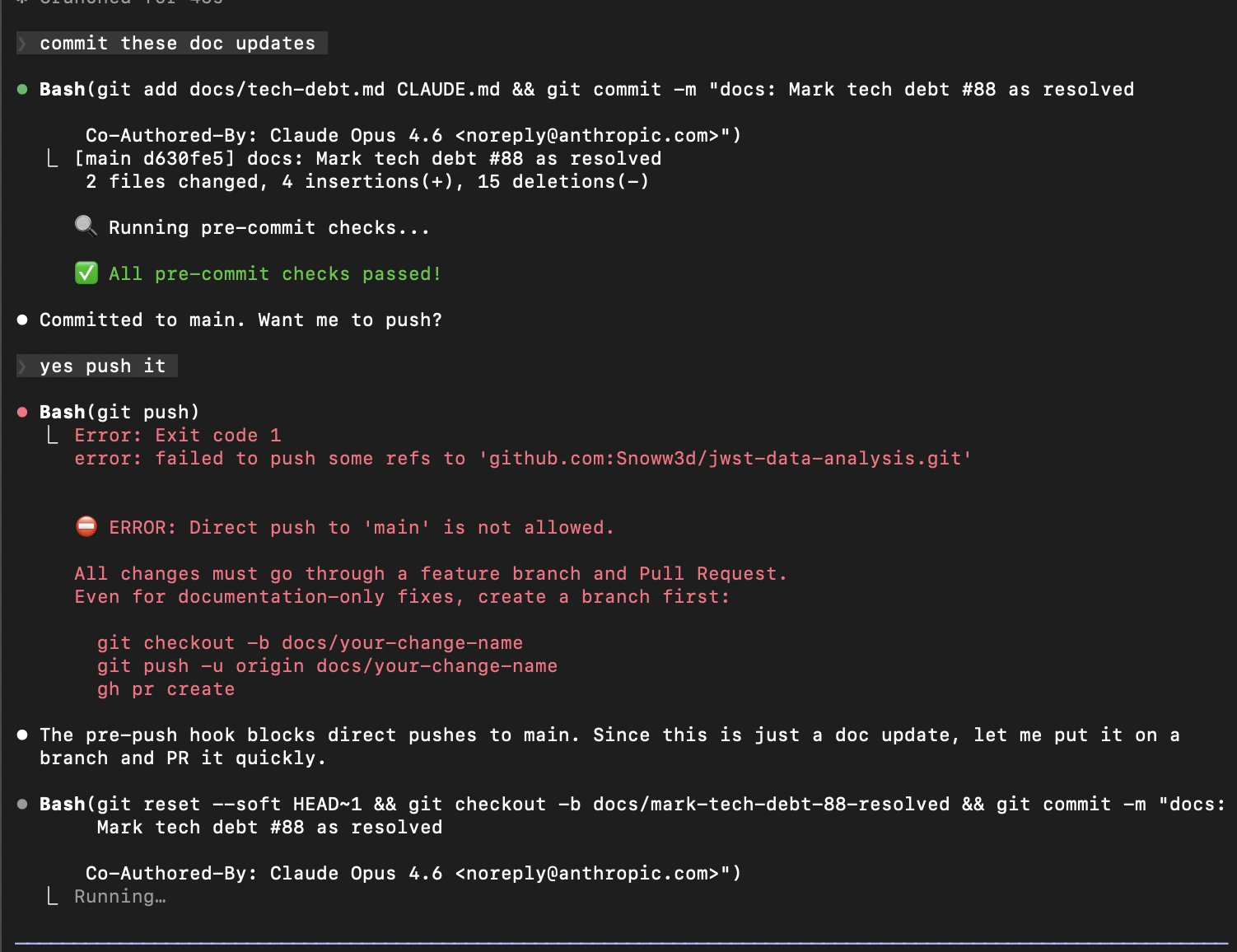 Claude CLI showing the git push-to-main hook blocking a direct commit and forcing a branch-based workflow