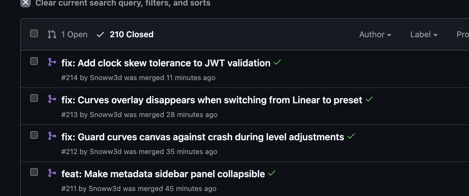 GitHub PR list showing 210 closed PRs including recent bug fixes and the collapsible sidebar feature