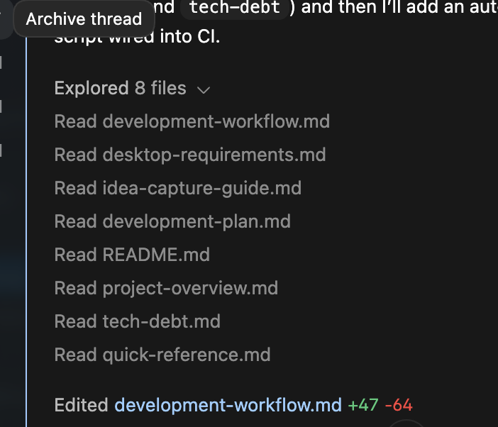 Codex thread showing file reads and documentation edits with line change counts