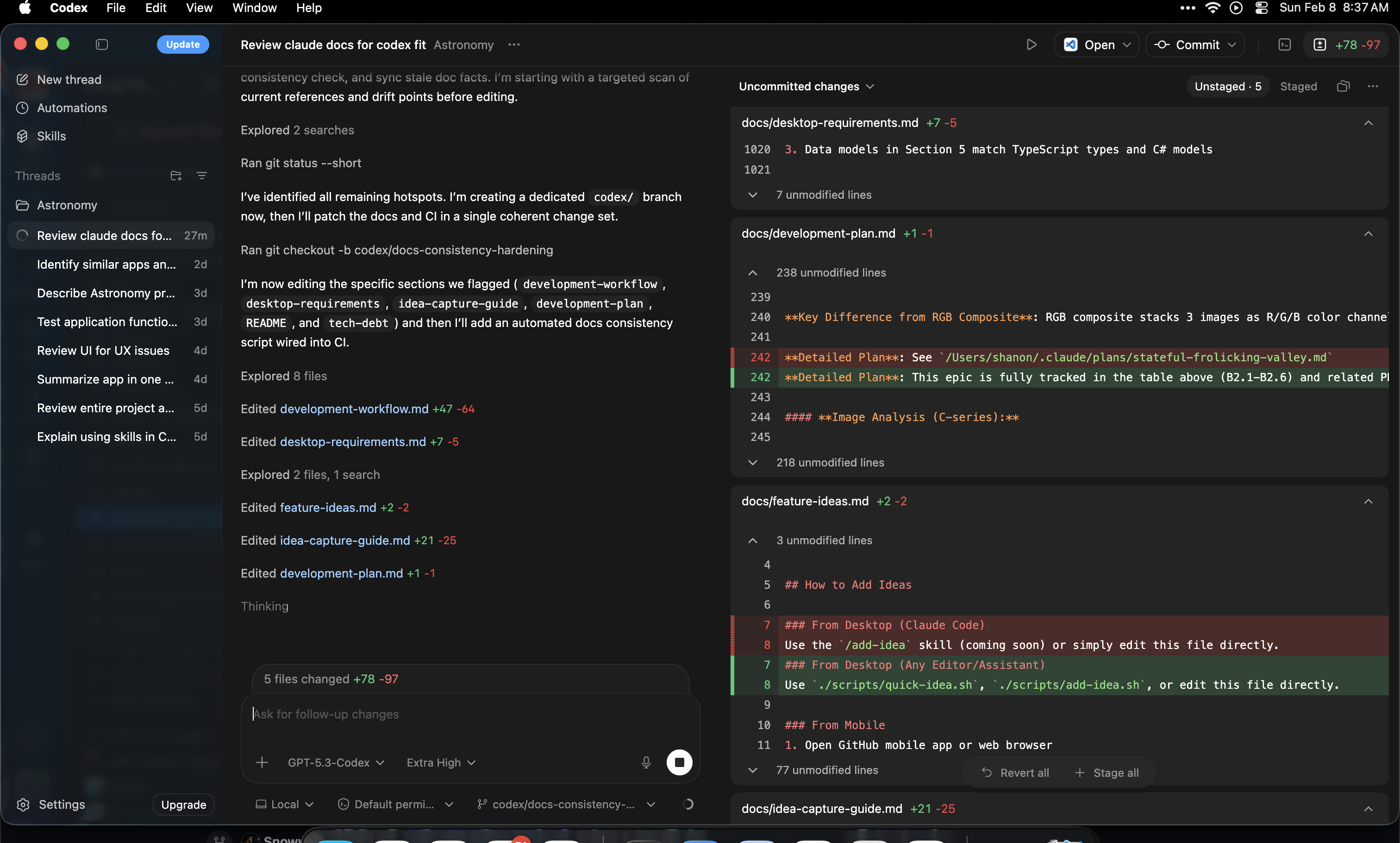 Codex desktop app showing a code review with diff panel and file exploration sidebar