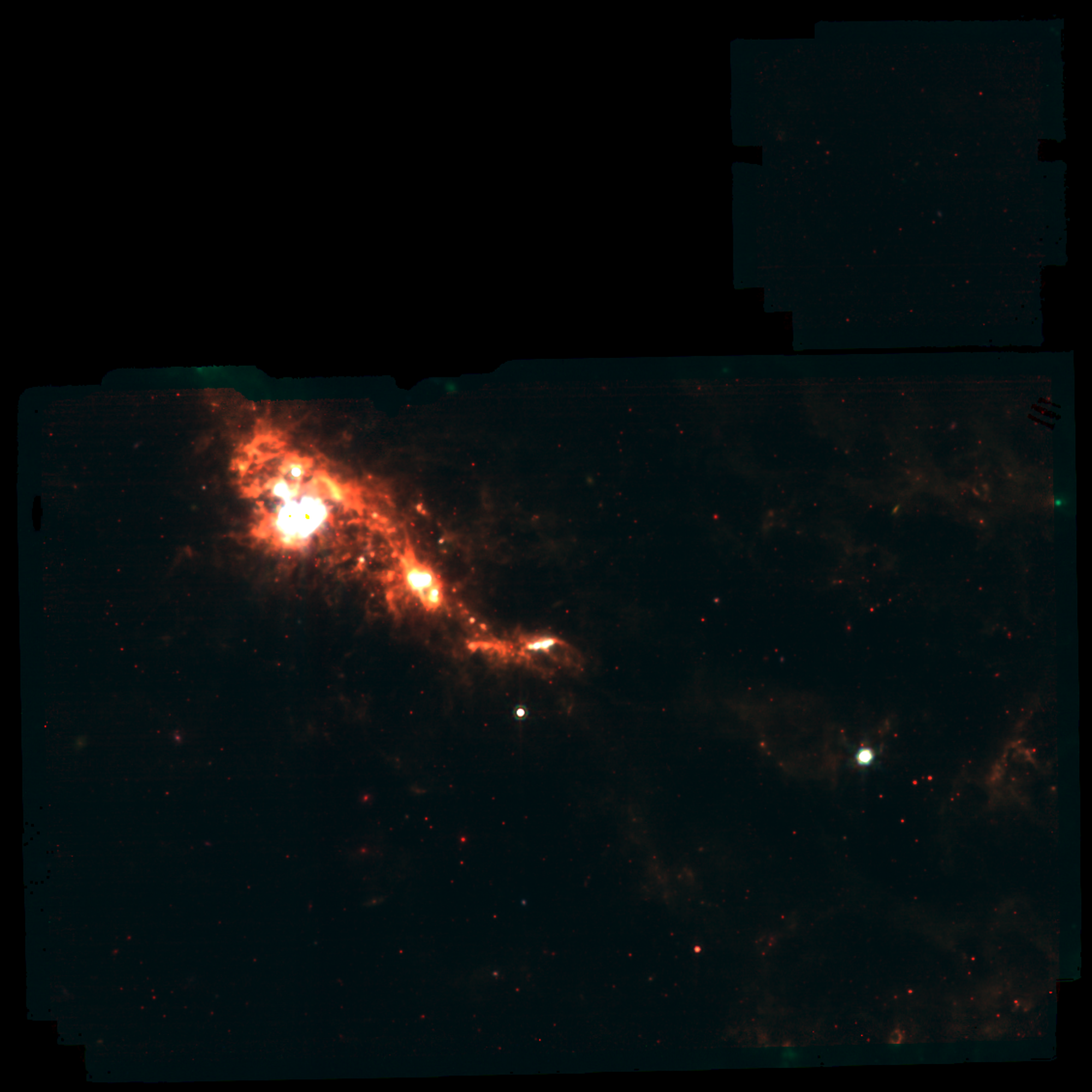 Same JWST field with swapped channel order showing orange-red emission features