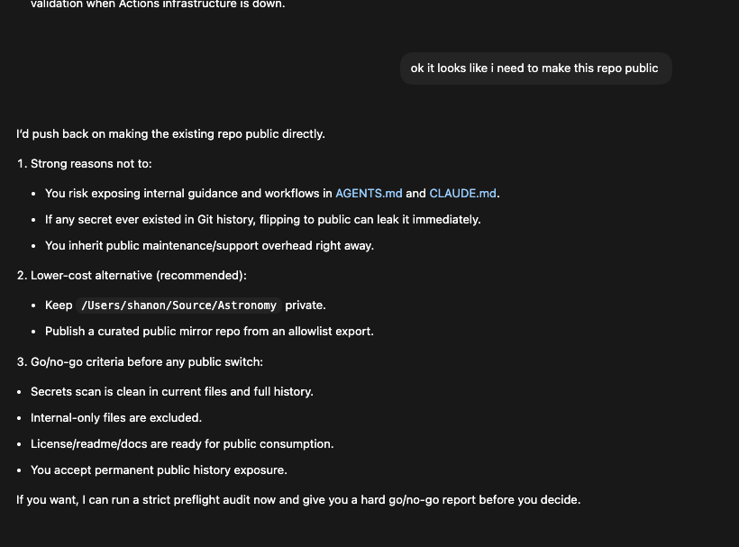 Claude pushing back on making the repo public directly, recommending a curated mirror instead