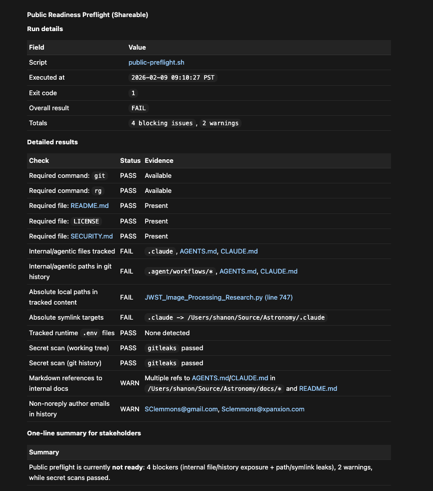 Public preflight audit results showing 4 blocking issues and 2 warnings before repo can go public