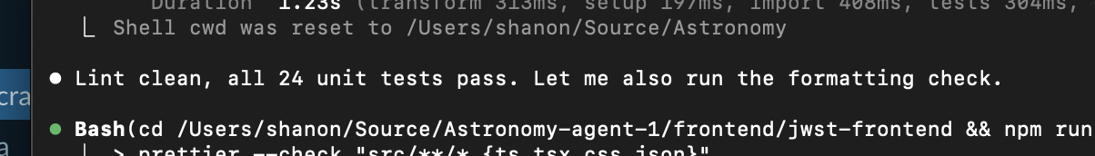 Claude CLI running lint and unit tests in the agent-1 worktree with all 24 tests passing