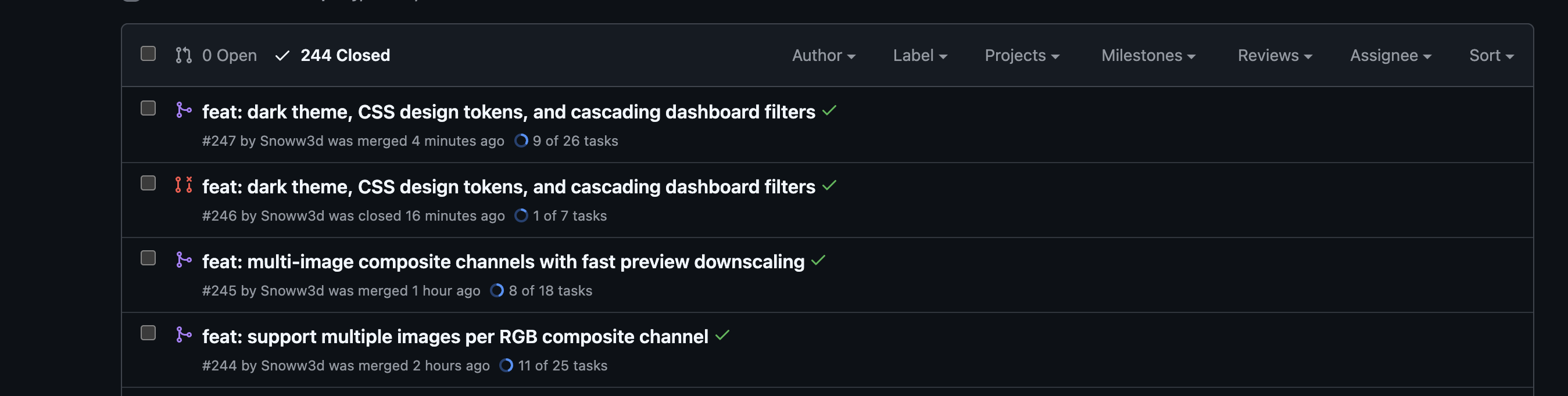 GitHub PR list showing merged PRs for dark theme, composite channels, and multi-image support