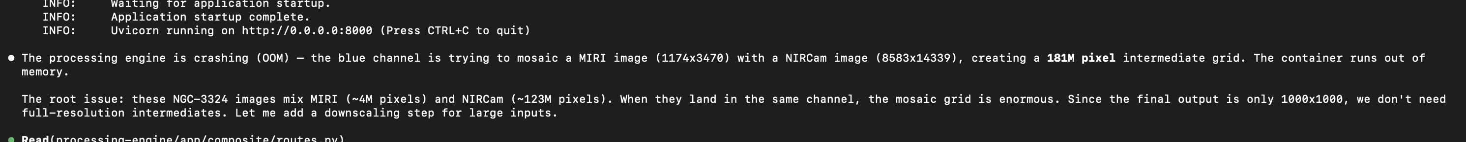 Terminal output showing OOM crash when mosaicing mixed MIRI and NIRCam images, with explanation of the downscaling fix