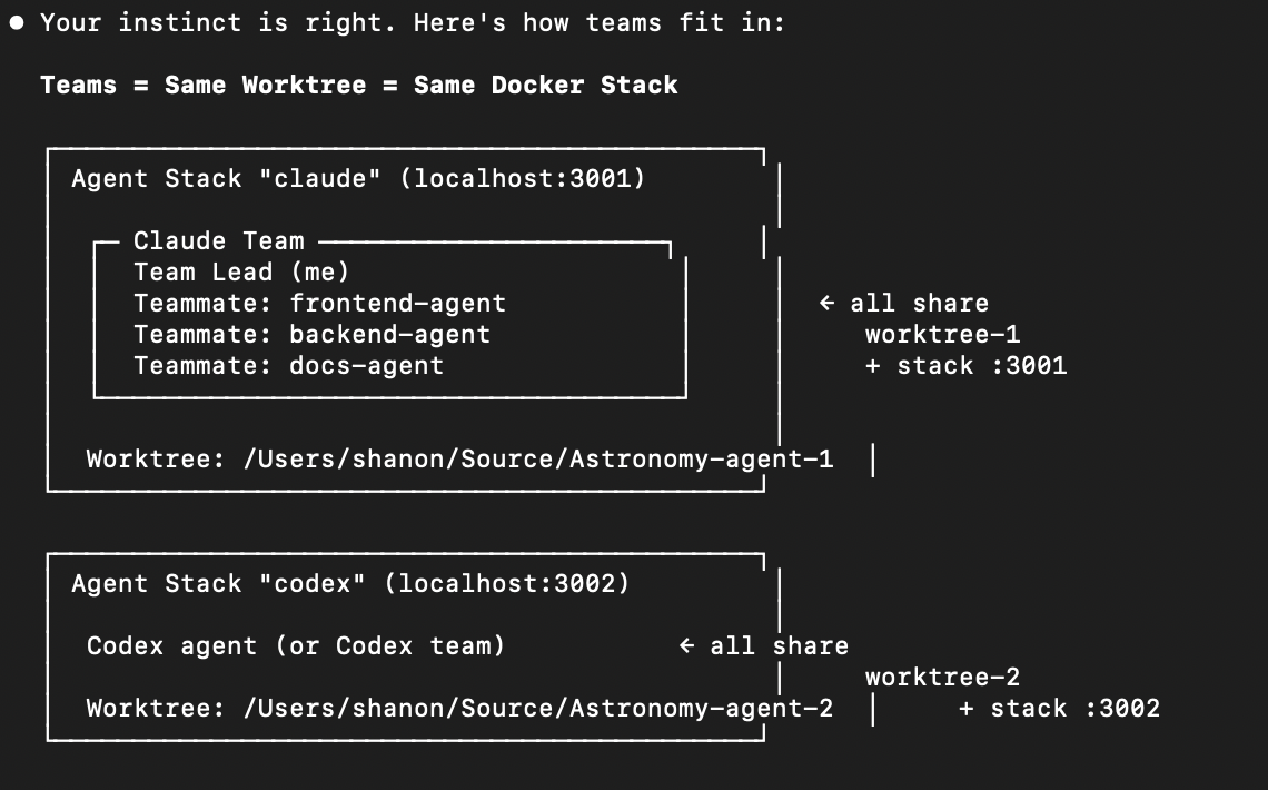 Terminal diagram showing multi-agent architecture with Claude and Codex teams sharing worktrees and Docker stacks on separate ports
