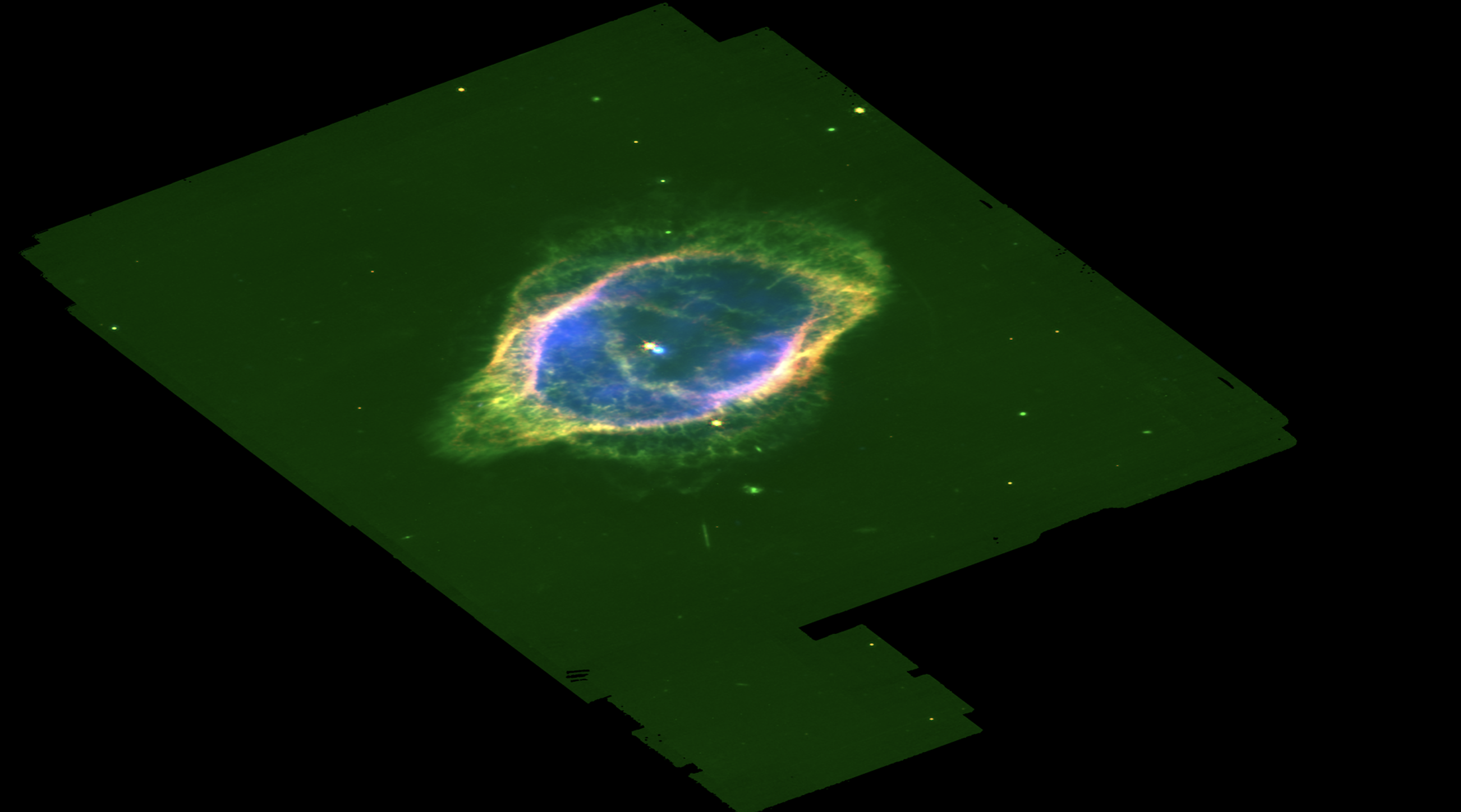 JWST composite image of the Southern Ring Nebula showing infrared bands in green, blue, and red