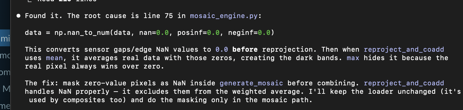 Terminal showing root cause in mosaic_engine.py with NaN masking fix